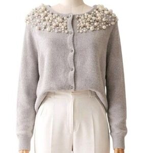 Anthropologie Moth Pearl Embellished Cardigan Grey Wool Blend Sweater Medium